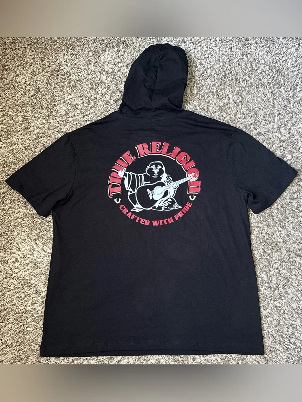 True Religion Black Short Sleeve Hooded Tee with Small Logo